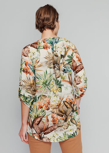Tunique boutonnée imprimé exotique Naturel/vert