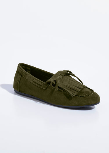 Mocassins à franges en suédine semelle plate Kaki