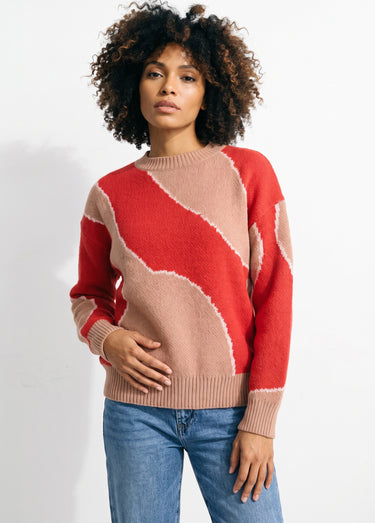Pull épais ras de cou jacquard fantaisie Rouge/Beige