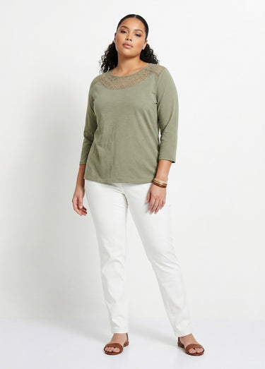 T-shirt coton et dentelle manches 3/4 Kaki