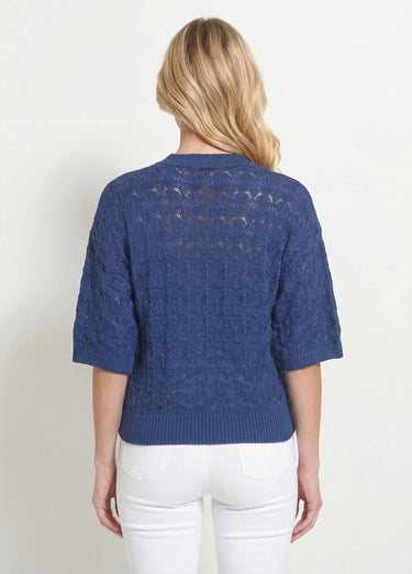 Pull manches courtes en maille ajourée Indigo