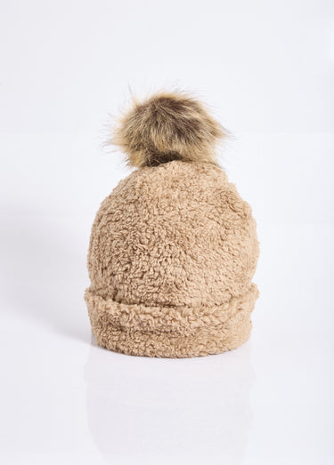 Bonnet polaire uni façon sherpa + pompon Taupe