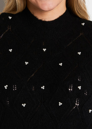 Pull doux ajouré perlé col montant Noir