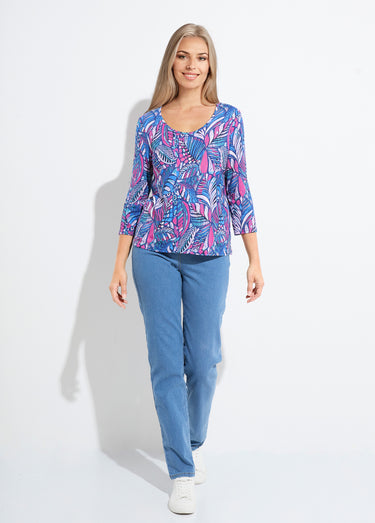 T-shirt col rond imprimé patchwork Bleu/Rose