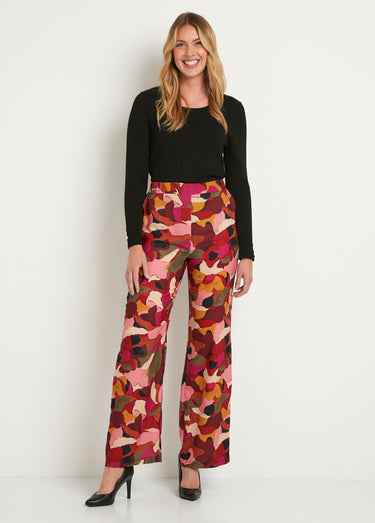 Pantalon large taille semi élastiquée imprimé Rose/Marron