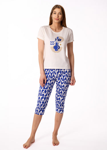 Pyjama court thème aztèque avec corsaire Blanc imprimé
