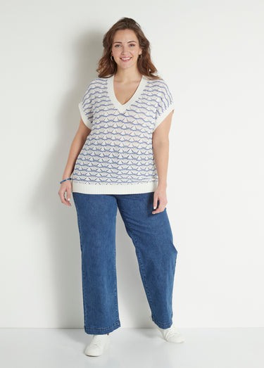 Pull sans manches col V ajouré bicolore Ecru/Bleu
