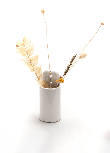 Vase en pierre avec couple oiseaux Blanc / Doré