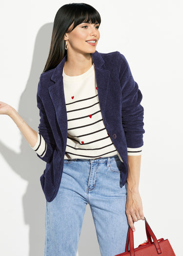 Veste col tailleur en velours reliefé Marine