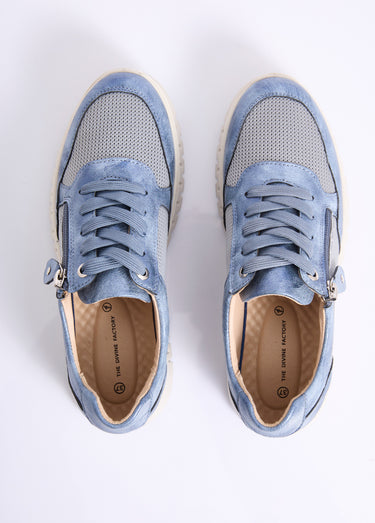 Baskets bi-matière lacées et zippées largeur confort Bleu
