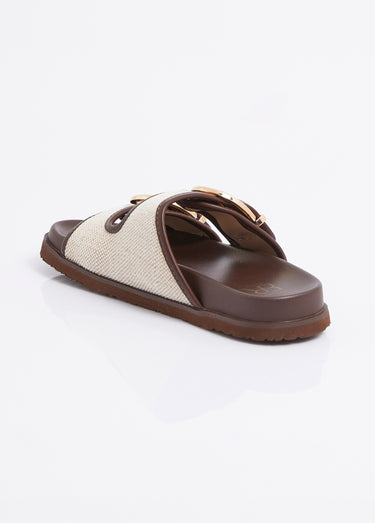Mules chic tissu natté et boucles métal Marron