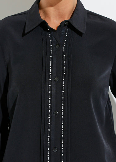 Chemisier uni boutonné long strass col chemise Noir