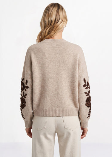 Pull col rond manches longues brodées Beige