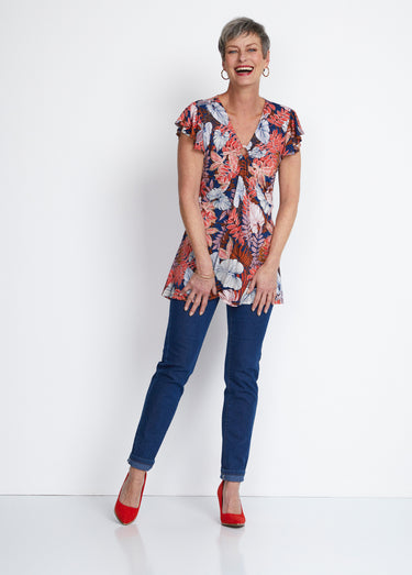 Tee-shirt long col V effet drapé Orange/Marine
