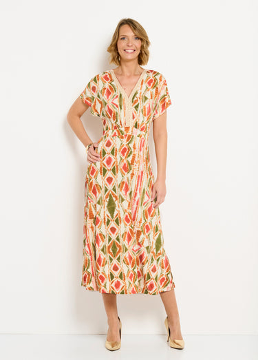 Robe longue col V évasée imprimée Vert/Terracota