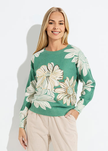 Pull fin imprimé fleurs sequins col rond Vert
