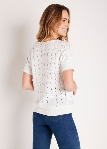 Pull manches courtes ajouré Blanc