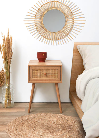 Table de chevet 1 tiroir bois et cannage Marron