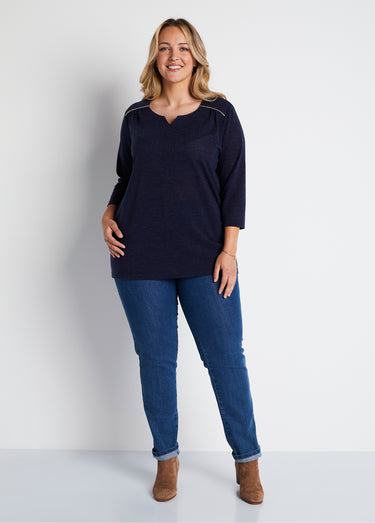 T-shirt long évasé manches 3/4 col rond Uni Marine