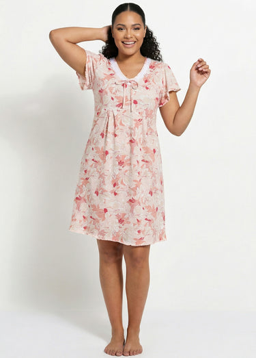 Chemise de nuit coton dentelle Imprime/Rose