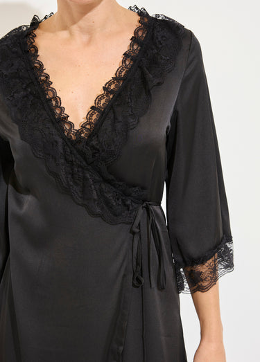 Nuisette longue + déshabillé satin dentelle Noir