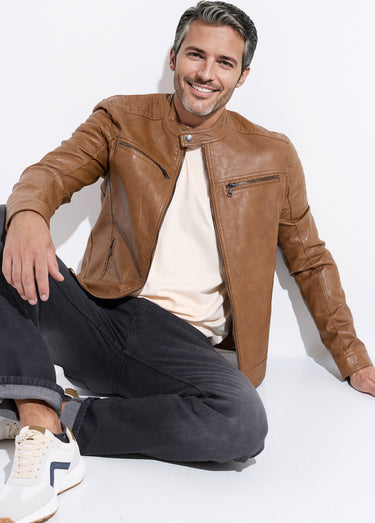 Blouson simili cuir zippé style motard Camel