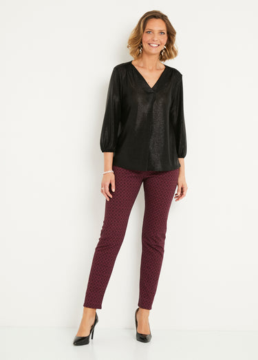 T-shirt mi long ample maille brillante col V Noir