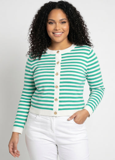Gilet cardigan court col rond rayé boutonné Raye Vert