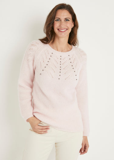 Pull doux maille poilue col rond perlé ajouré Rose