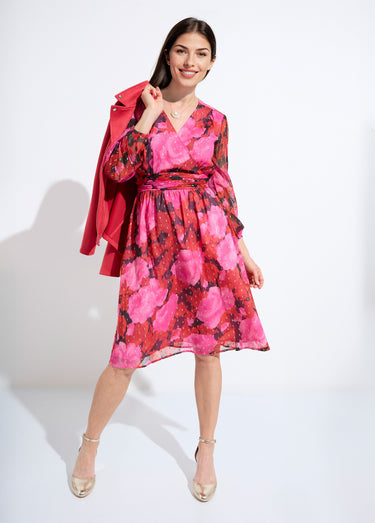 Robe cache-coeur courte voile imprimé motifs dorés Rouge/Noir