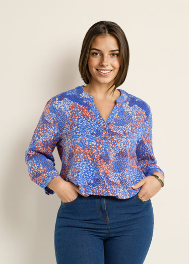 Tunique col V fleurie manches longues Bleu Imprime