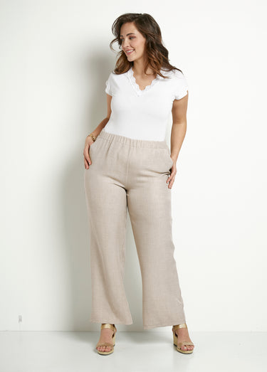 Pantalon large taille élastiquée aspect lin Beige