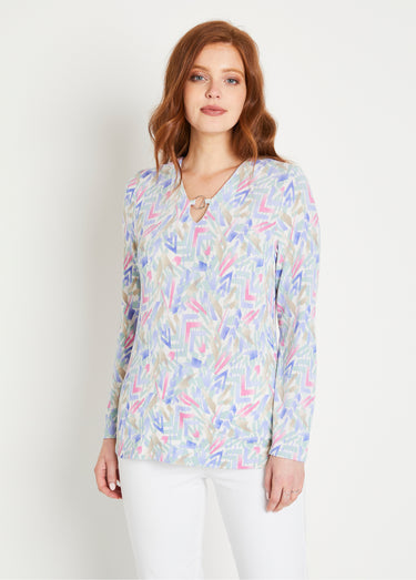 T-shirt court manches longues col V graphique Parme/Aqua