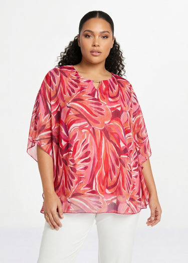 Tunique fluide longue motif feuilles Fuchsia/Rose