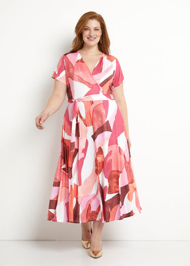 Robe longue cache-coeur ceinturée imprimée Rose/Orange