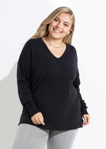 Pull col V maille fantaisie à pois Noir