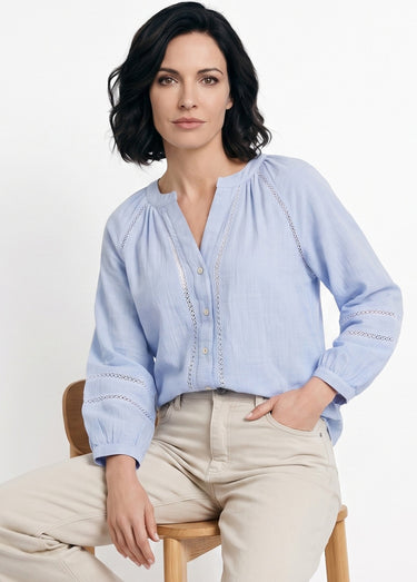Tunique col V boutonnée, détails macramé Bleu Clair