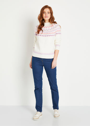 Pull chaud court col montant jacquard soleil Ecru/Rose