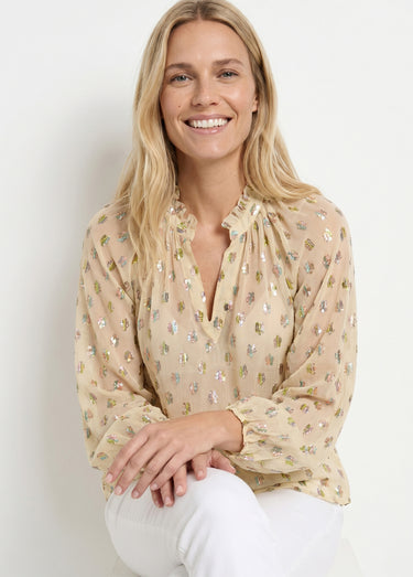 Blouse voile motifs métallisés encolure V Ecru