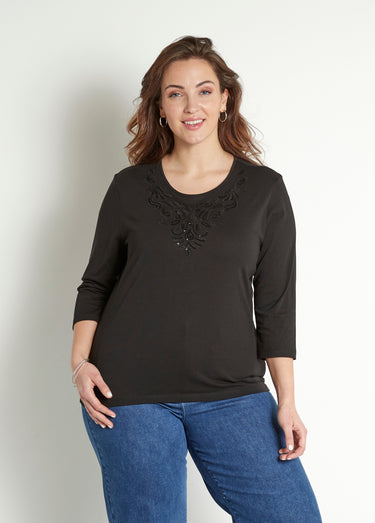 T-shirt court brodé manches 3/4 Noir