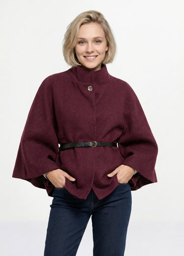 Manteau cape à ceinturer, col montant Bordeaux