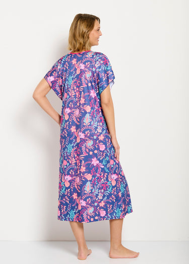Robe d'hôtesse longue satinée imprimé floral Fond Marine