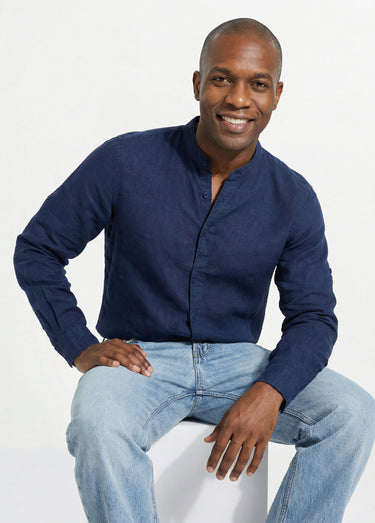 Chemise lin col mao, manches longues Bleu