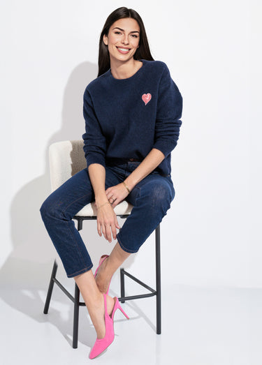 Pull col rond détail motif sequins Marine