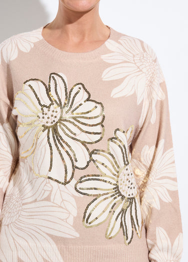 Pull fin imprimé fleurs sequins col rond Beige