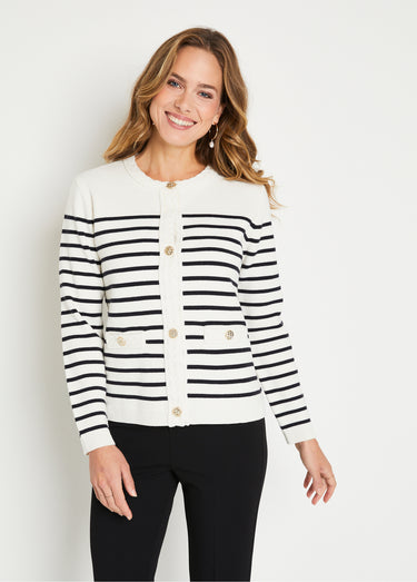 Gilet cardigan rayé court boutonné col rond Écru / Noir