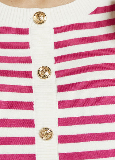 Gilet cardigan court col rond rayé boutonné Raye Fuchsia