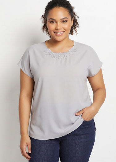 Top long manches courtes broderies col rond Argent