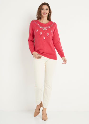 Pull doux uni brodé ajouré col rond Rose
