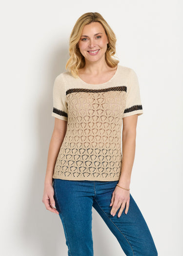 Pull doux brillant manches courtes col rond Beige/Noir